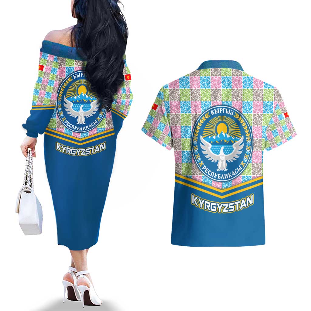 Kyrgyzstan Colorful Patchwork Pattern Couples Matching Off The Shoulder Long Sleeve Dress and Hawaiian Shirt with National Crest and Flag Accents