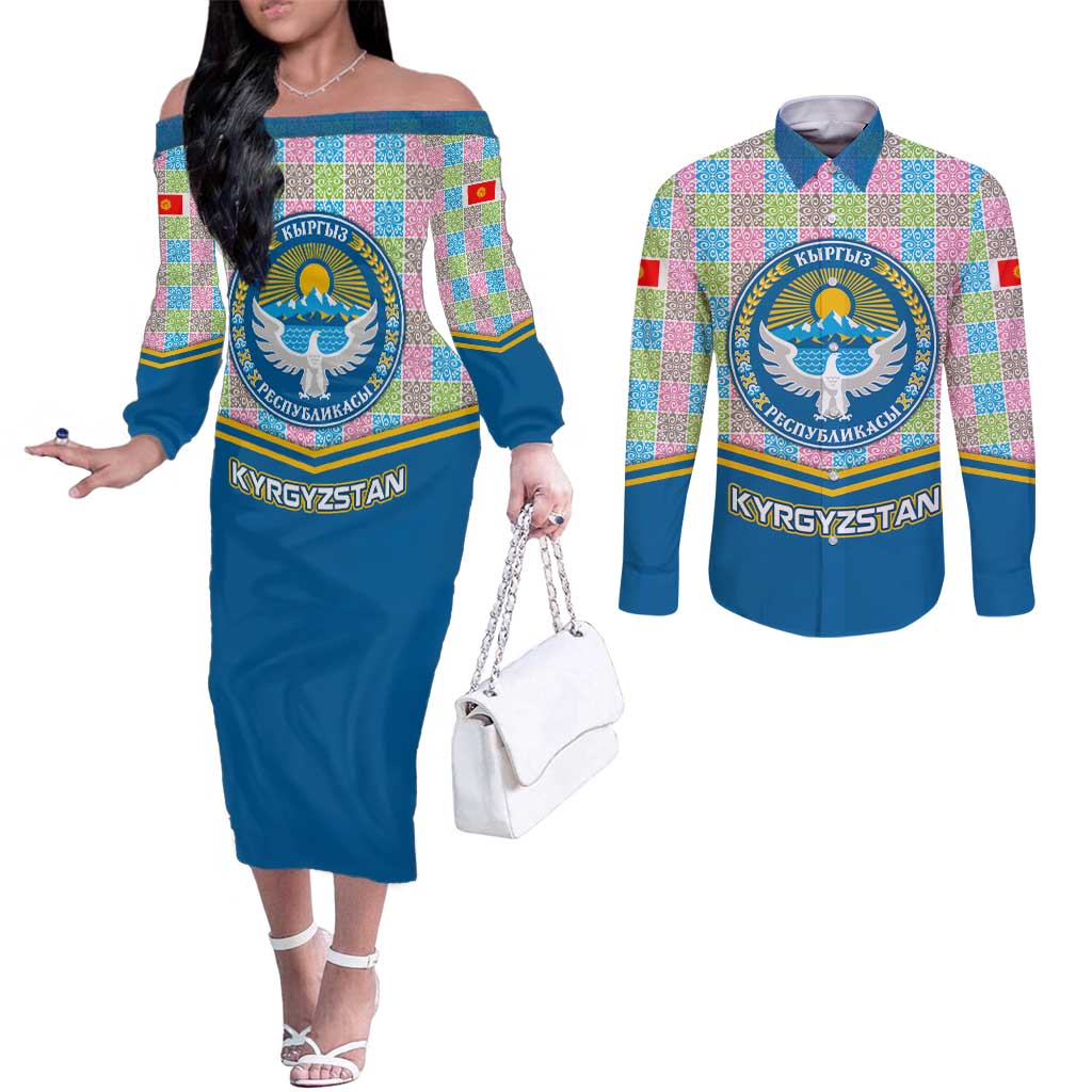 Kyrgyzstan Colorful Patchwork Pattern Couples Matching Off The Shoulder Long Sleeve Dress and Long Sleeve Button Shirt with National Crest and Flag Accents