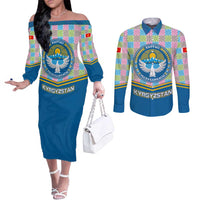 Kyrgyzstan Colorful Patchwork Pattern Couples Matching Off The Shoulder Long Sleeve Dress and Long Sleeve Button Shirt with National Crest and Flag Accents