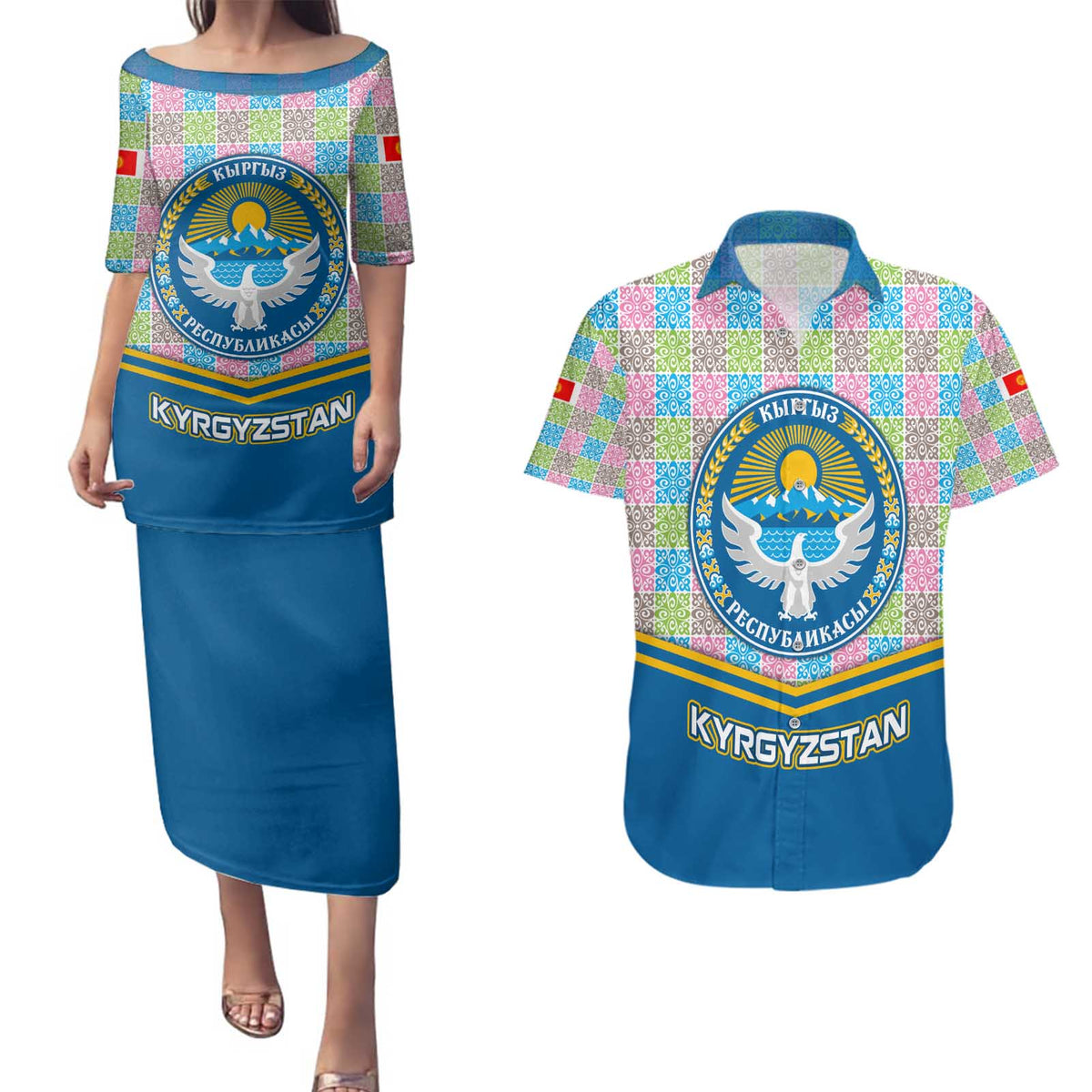 Kyrgyzstan Colorful Patchwork Pattern Couples Matching Puletasi and Hawaiian Shirt with National Crest and Flag Accents