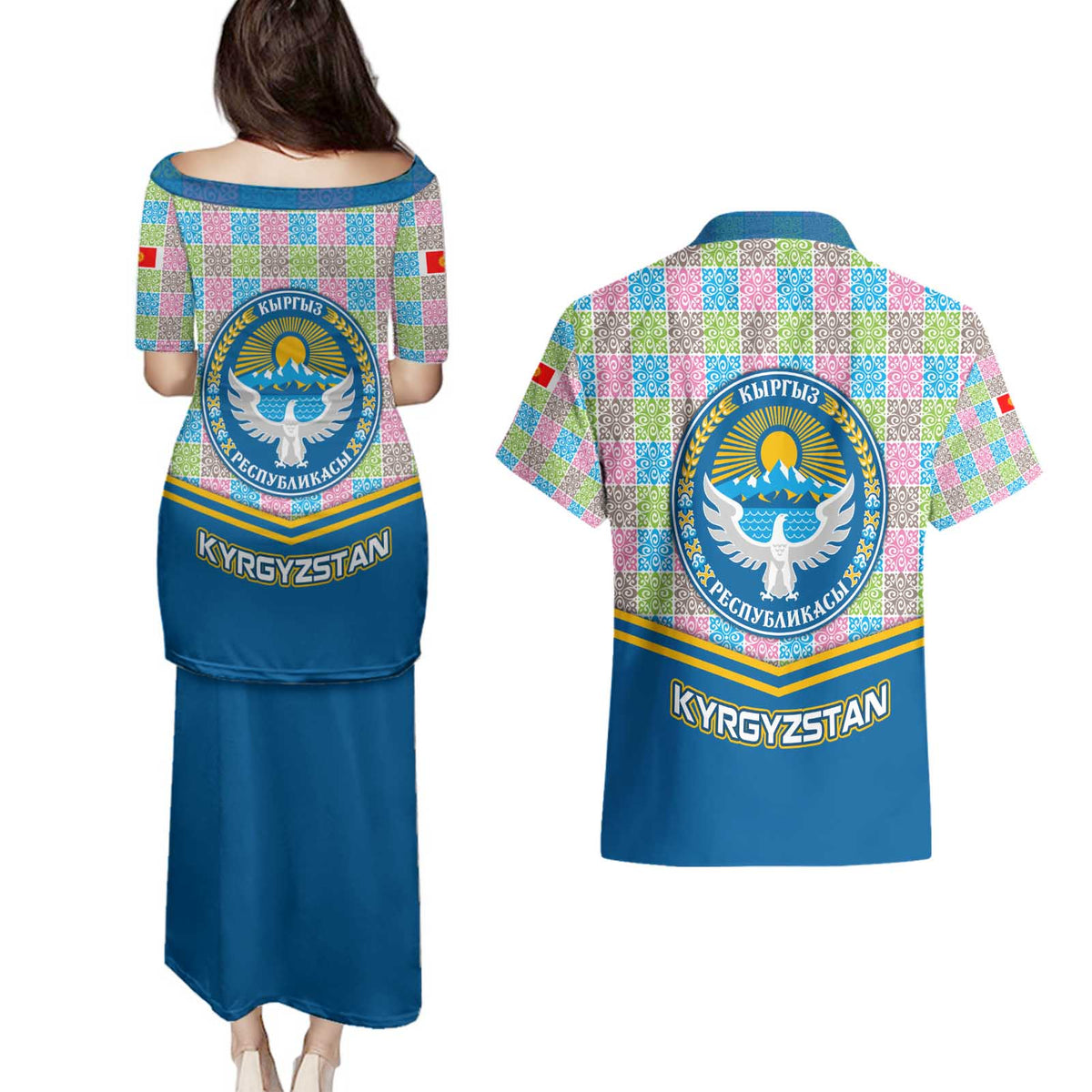 Kyrgyzstan Colorful Patchwork Pattern Couples Matching Puletasi and Hawaiian Shirt with National Crest and Flag Accents