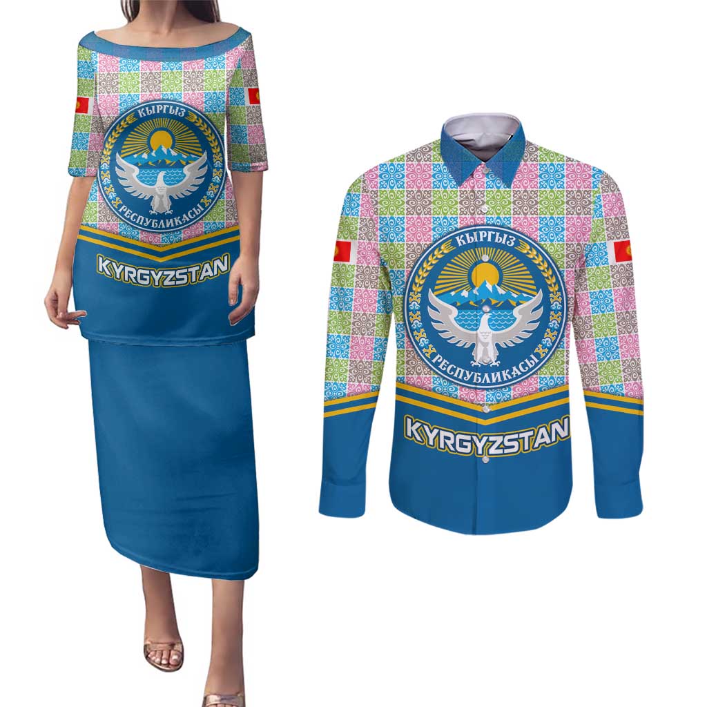 Kyrgyzstan Colorful Patchwork Pattern Couples Matching Puletasi and Long Sleeve Button Shirt with National Crest and Flag Accents