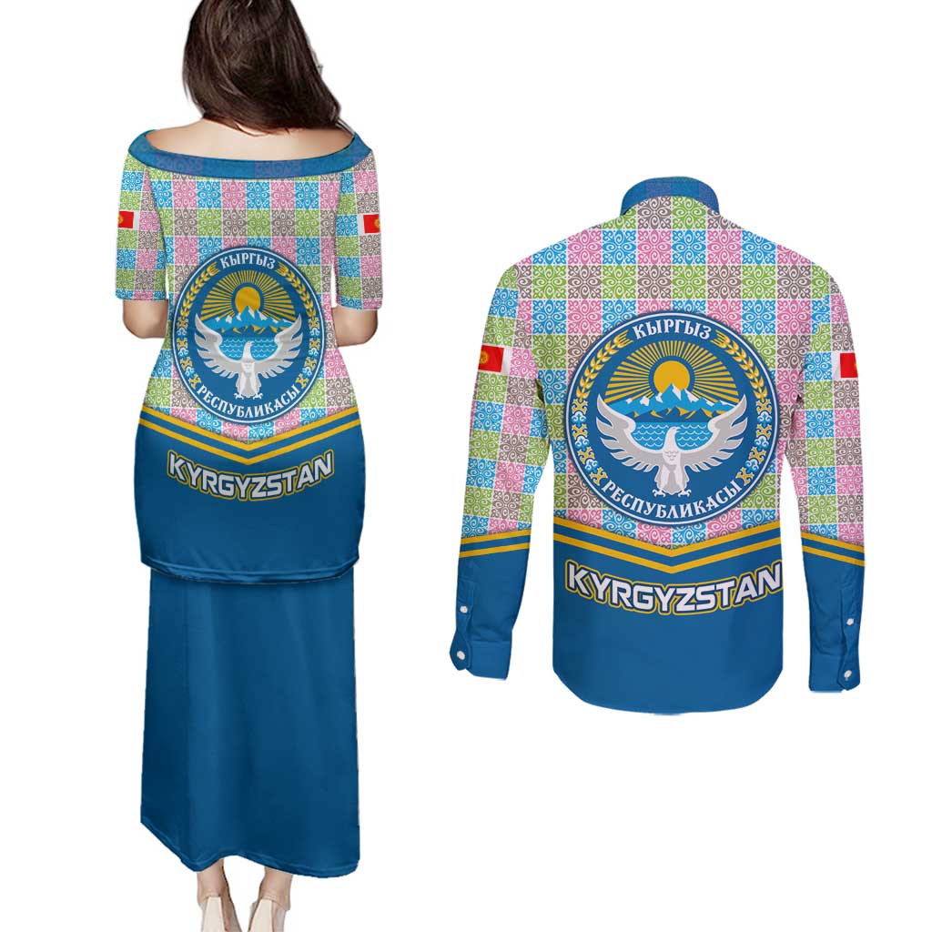 Kyrgyzstan Colorful Patchwork Pattern Couples Matching Puletasi and Long Sleeve Button Shirt with National Crest and Flag Accents