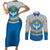 Kyrgyzstan Colorful Patchwork Pattern Couples Matching Short Sleeve Bodycon Dress and Long Sleeve Button Shirt with National Crest and Flag Accents