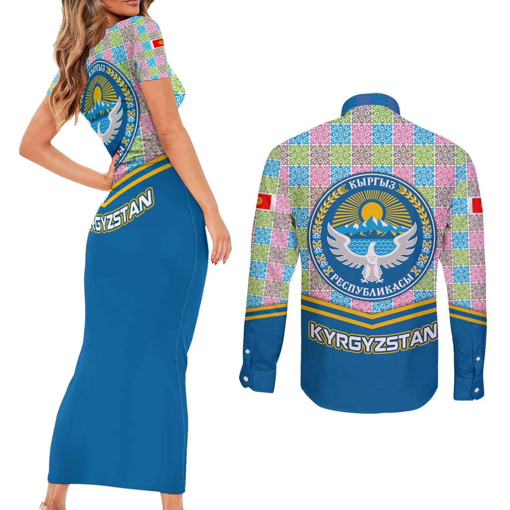 Kyrgyzstan Colorful Patchwork Pattern Couples Matching Short Sleeve Bodycon Dress and Long Sleeve Button Shirt with National Crest and Flag Accents