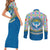 Kyrgyzstan Colorful Patchwork Pattern Couples Matching Short Sleeve Bodycon Dress and Long Sleeve Button Shirt with National Crest and Flag Accents