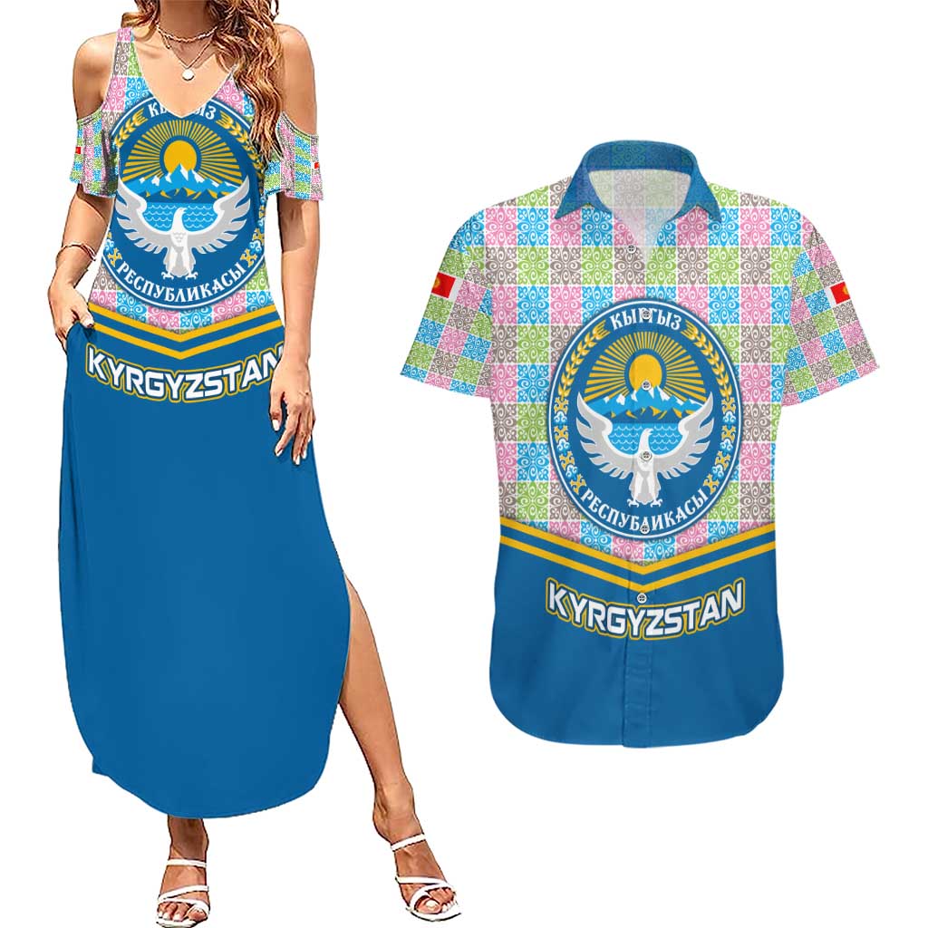 Kyrgyzstan Colorful Patchwork Pattern Couples Matching Summer Maxi Dress and Hawaiian Shirt with National Crest and Flag Accents