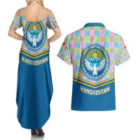 Kyrgyzstan Colorful Patchwork Pattern Couples Matching Summer Maxi Dress and Hawaiian Shirt with National Crest and Flag Accents