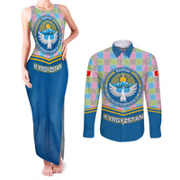 Kyrgyzstan Colorful Patchwork Pattern Couples Matching Tank Maxi Dress and Long Sleeve Button Shirt with National Crest and Flag Accents