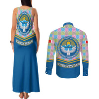 Kyrgyzstan Colorful Patchwork Pattern Couples Matching Tank Maxi Dress and Long Sleeve Button Shirt with National Crest and Flag Accents