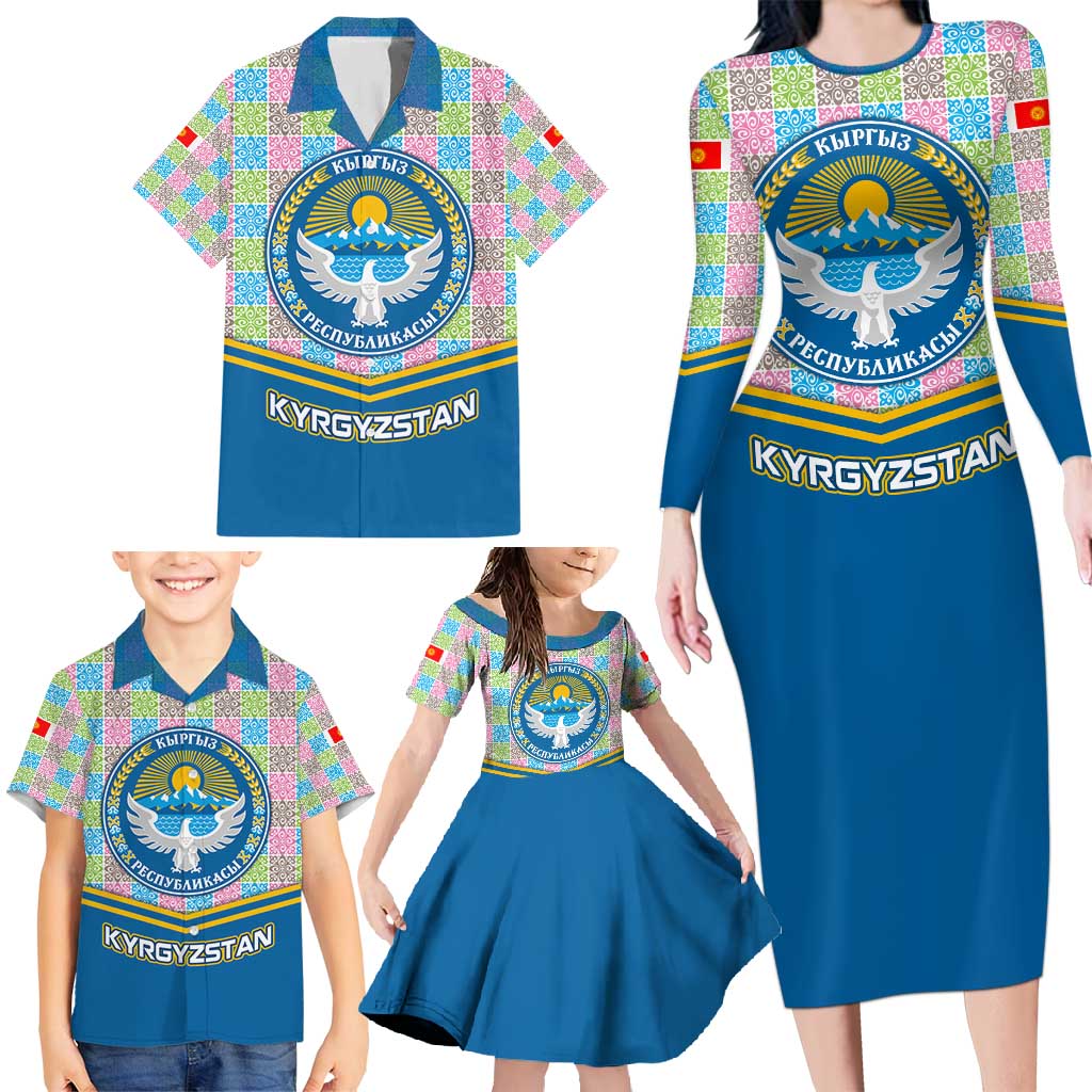 Kyrgyzstan Colorful Patchwork Pattern Family Matching Long Sleeve Bodycon Dress and Hawaiian Shirt with National Crest and Flag Accents