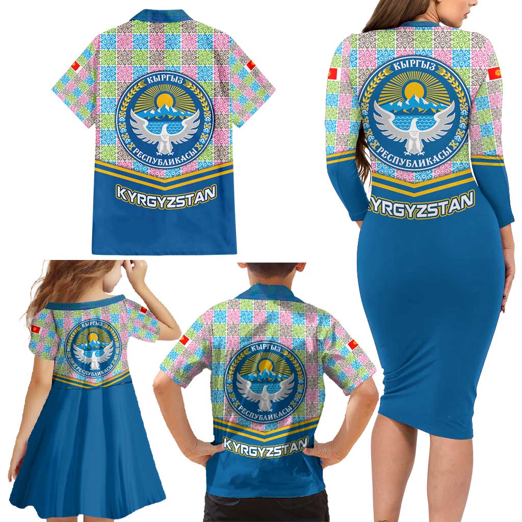 Kyrgyzstan Colorful Patchwork Pattern Family Matching Long Sleeve Bodycon Dress and Hawaiian Shirt with National Crest and Flag Accents