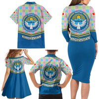 Kyrgyzstan Colorful Patchwork Pattern Family Matching Long Sleeve Bodycon Dress and Hawaiian Shirt with National Crest and Flag Accents