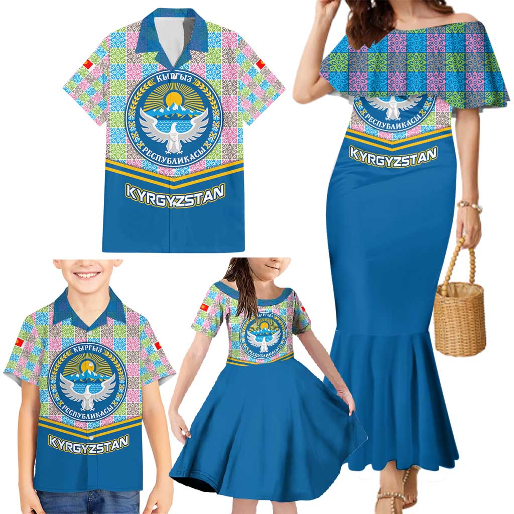 Kyrgyzstan Colorful Patchwork Pattern Family Matching Mermaid Dress and Hawaiian Shirt with National Crest and Flag Accents