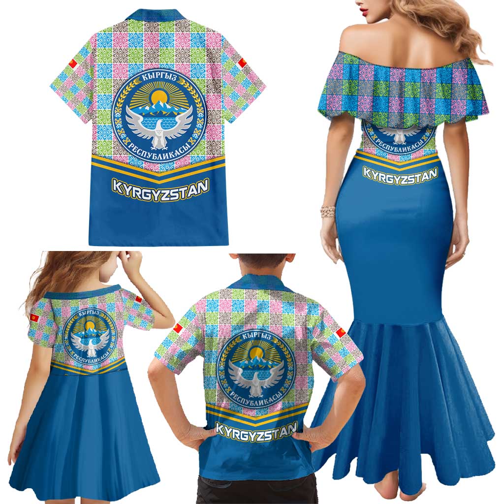 Kyrgyzstan Colorful Patchwork Pattern Family Matching Mermaid Dress and Hawaiian Shirt with National Crest and Flag Accents