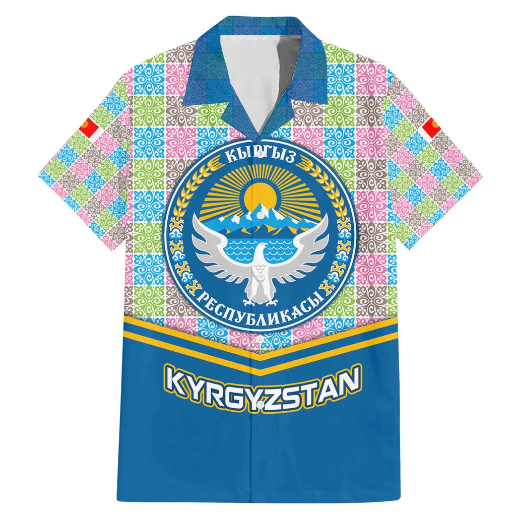 Kyrgyzstan Colorful Patchwork Pattern Family Matching Mermaid Dress and Hawaiian Shirt with National Crest and Flag Accents