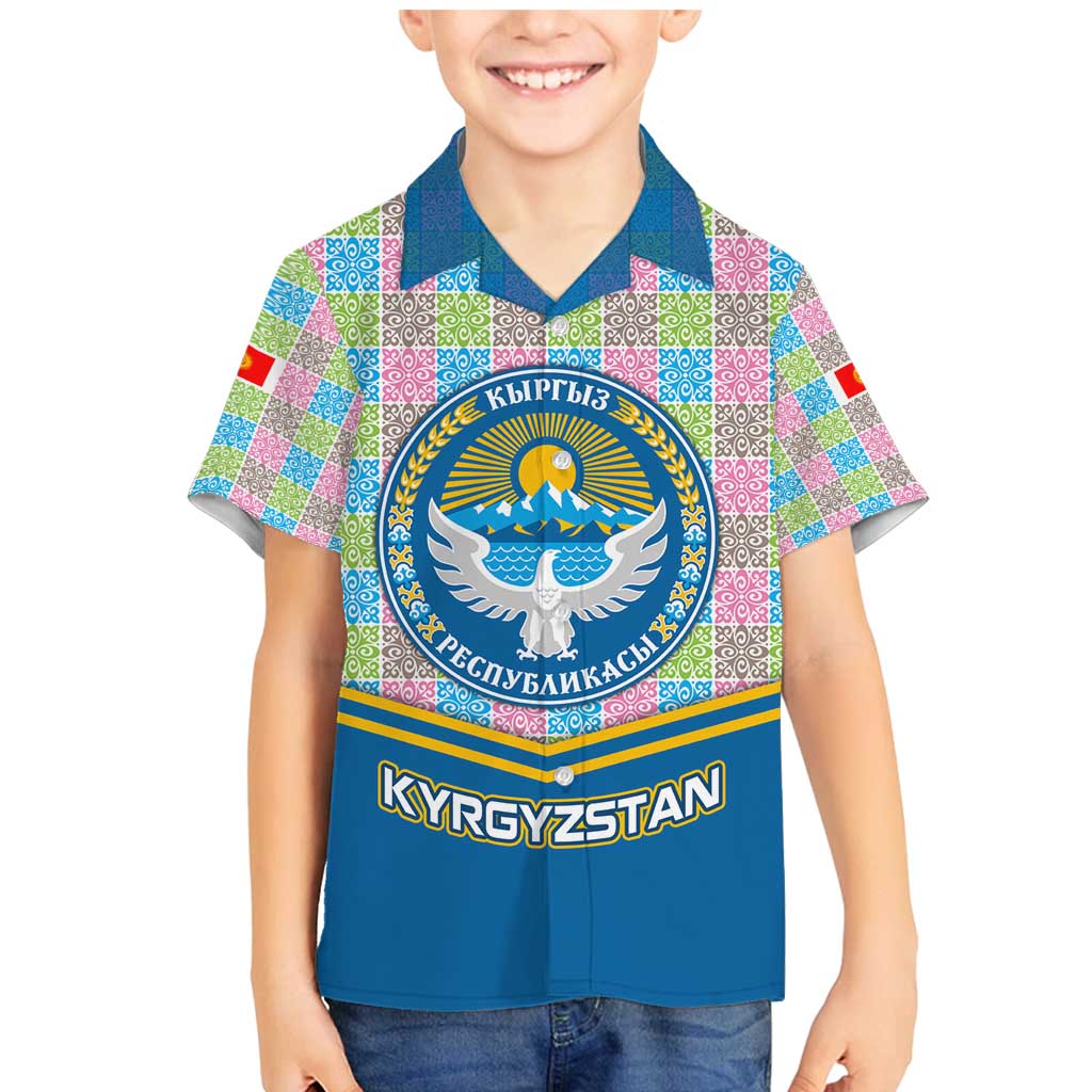 Kyrgyzstan Colorful Patchwork Pattern Family Matching Mermaid Dress and Hawaiian Shirt with National Crest and Flag Accents