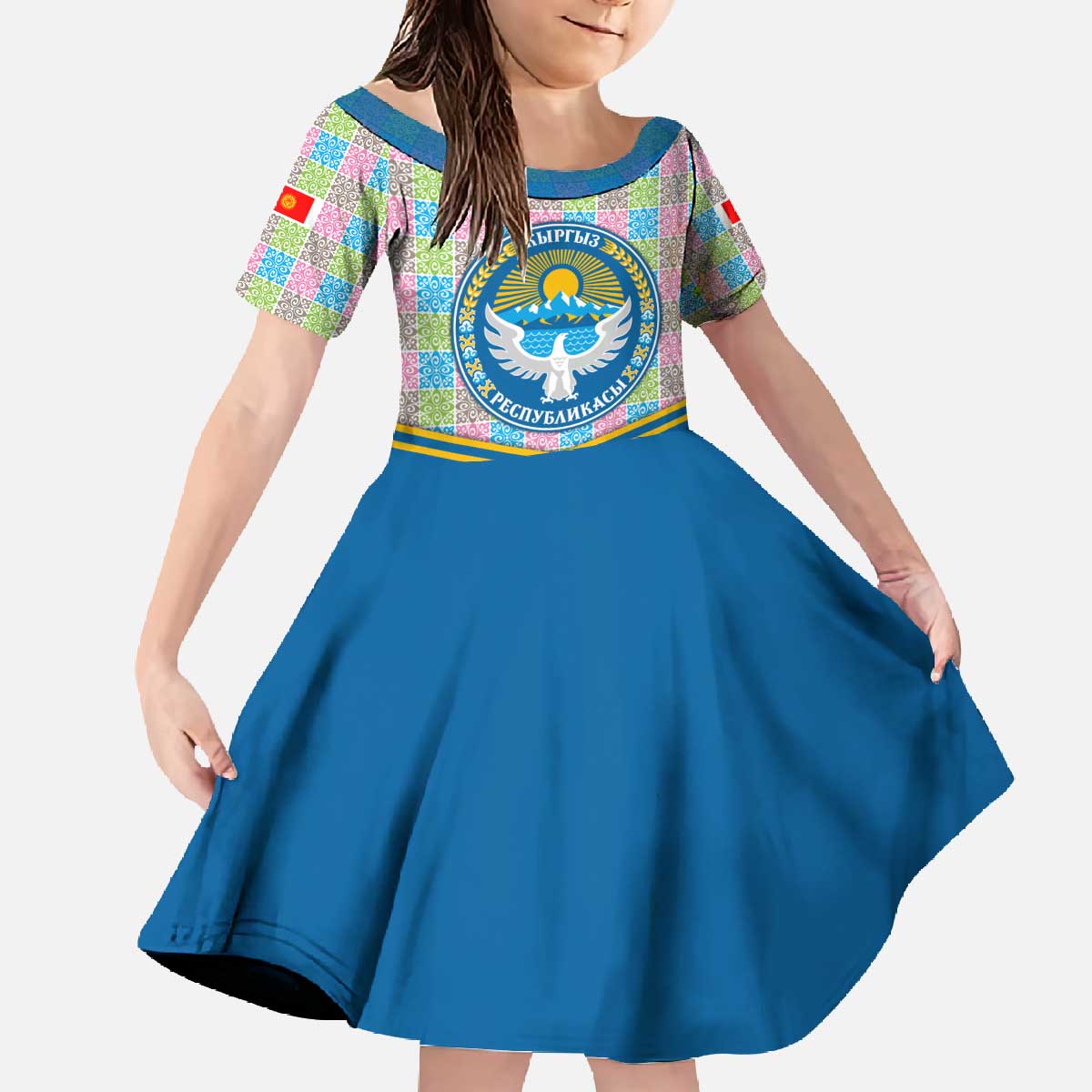 Kyrgyzstan Colorful Patchwork Pattern Family Matching Off The Shoulder Long Sleeve Dress and Hawaiian Shirt with National Crest and Flag Accents