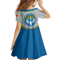 Kyrgyzstan Colorful Patchwork Pattern Family Matching Off The Shoulder Long Sleeve Dress and Hawaiian Shirt with National Crest and Flag Accents