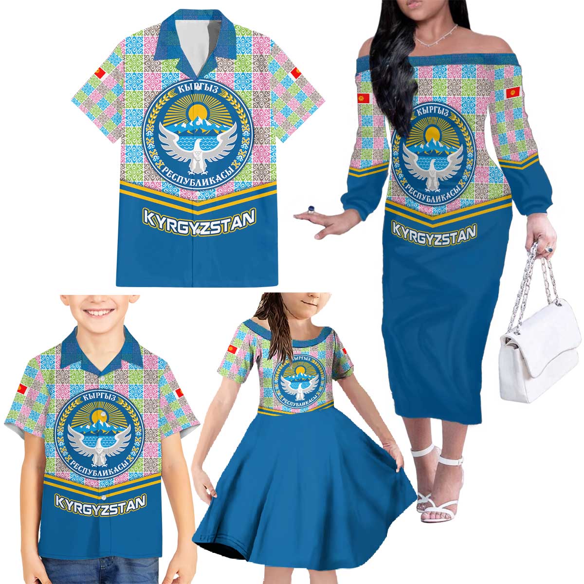 Kyrgyzstan Colorful Patchwork Pattern Family Matching Off The Shoulder Long Sleeve Dress and Hawaiian Shirt with National Crest and Flag Accents
