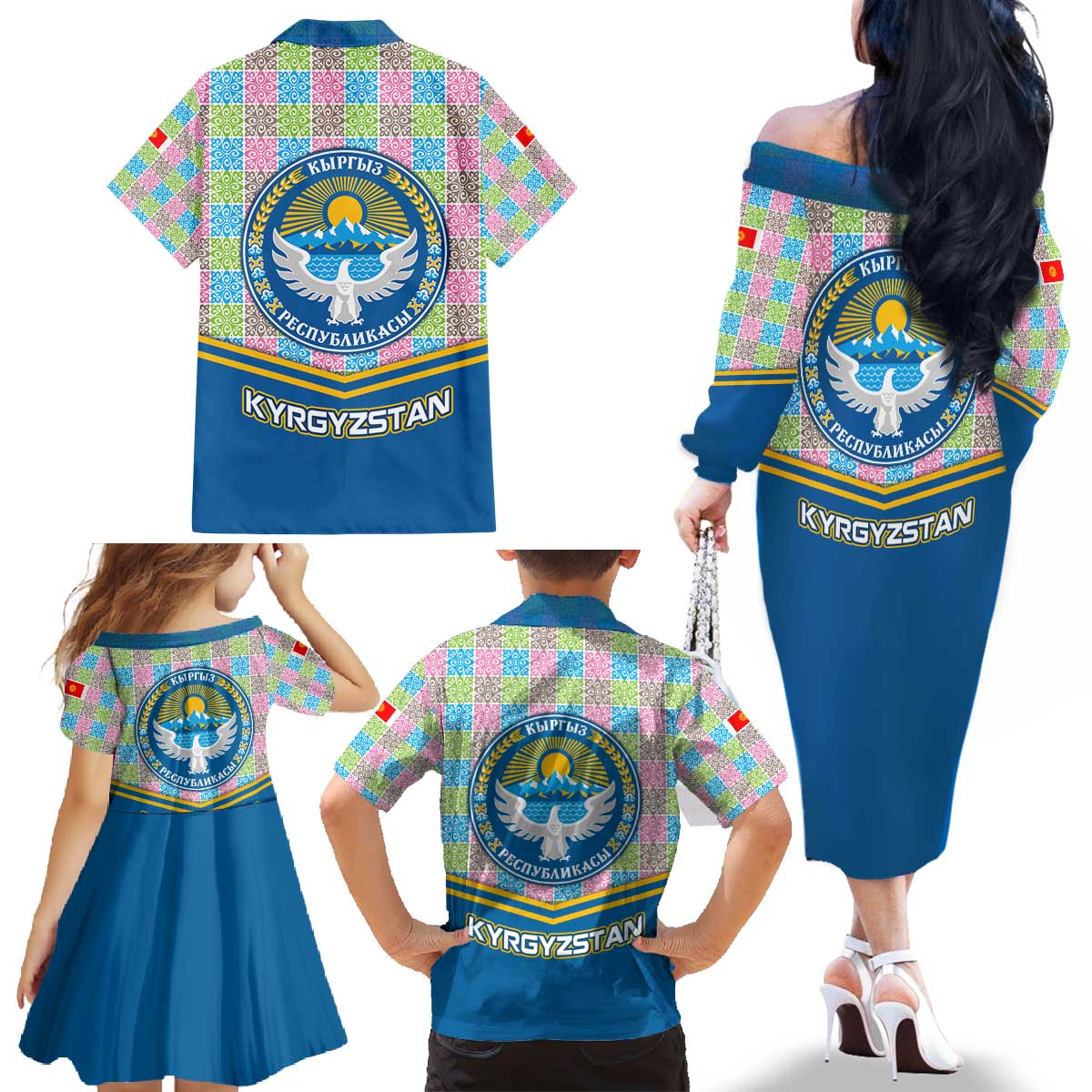 Kyrgyzstan Colorful Patchwork Pattern Family Matching Off The Shoulder Long Sleeve Dress and Hawaiian Shirt with National Crest and Flag Accents