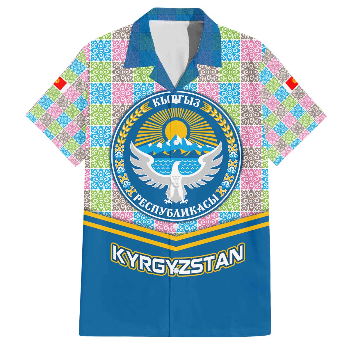 Kyrgyzstan Colorful Patchwork Pattern Family Matching Off The Shoulder Long Sleeve Dress and Hawaiian Shirt with National Crest and Flag Accents