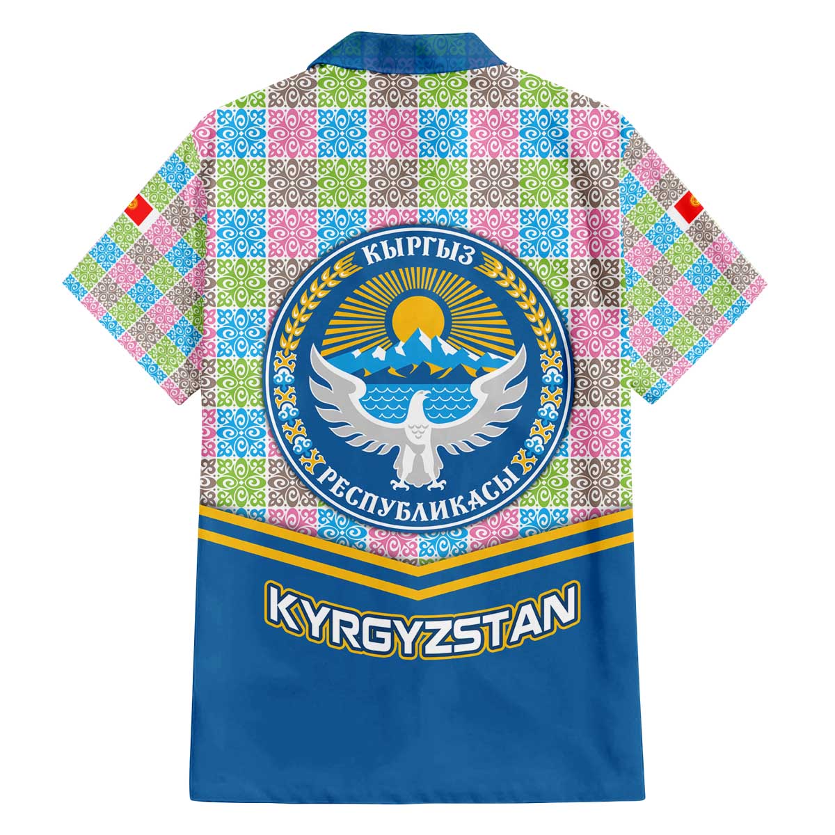 Kyrgyzstan Colorful Patchwork Pattern Family Matching Off The Shoulder Long Sleeve Dress and Hawaiian Shirt with National Crest and Flag Accents