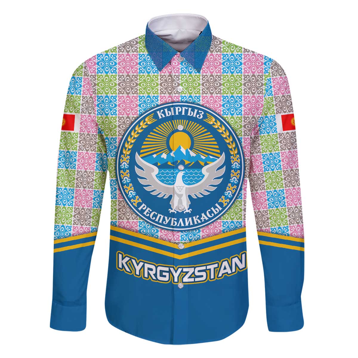 Kyrgyzstan Colorful Patchwork Pattern Family Matching Off The Shoulder Long Sleeve Dress and Hawaiian Shirt with National Crest and Flag Accents