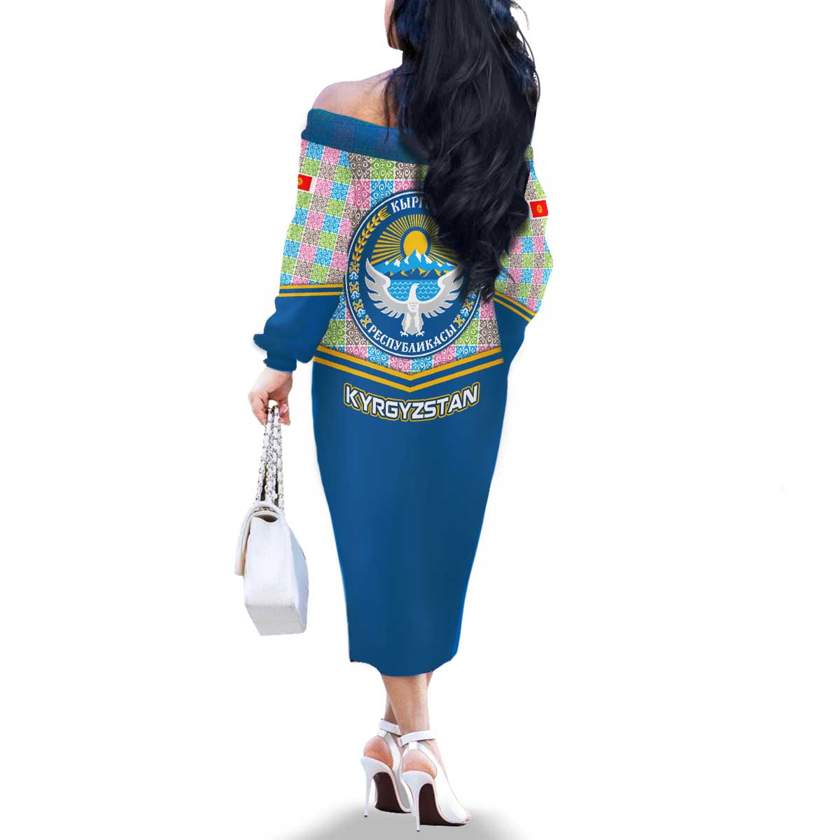 Kyrgyzstan Colorful Patchwork Pattern Family Matching Off The Shoulder Long Sleeve Dress and Hawaiian Shirt with National Crest and Flag Accents