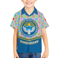 Kyrgyzstan Colorful Patchwork Pattern Family Matching Off The Shoulder Long Sleeve Dress and Hawaiian Shirt with National Crest and Flag Accents