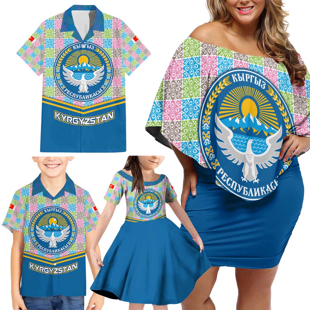 Kyrgyzstan Colorful Patchwork Pattern Family Matching Off Shoulder Short Dress and Hawaiian Shirt with National Crest and Flag Accents