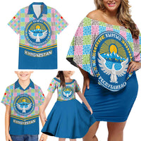 Kyrgyzstan Colorful Patchwork Pattern Family Matching Off Shoulder Short Dress and Hawaiian Shirt with National Crest and Flag Accents