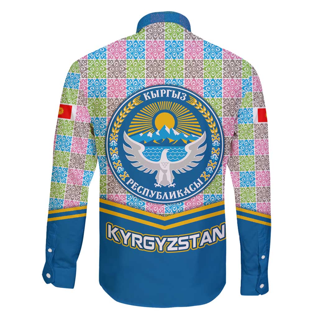 Kyrgyzstan Colorful Patchwork Pattern Family Matching Off Shoulder Short Dress and Hawaiian Shirt with National Crest and Flag Accents