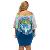 Kyrgyzstan Colorful Patchwork Pattern Family Matching Off Shoulder Short Dress and Hawaiian Shirt with National Crest and Flag Accents