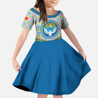 Kyrgyzstan Colorful Patchwork Pattern Family Matching Puletasi and Hawaiian Shirt with National Crest and Flag Accents