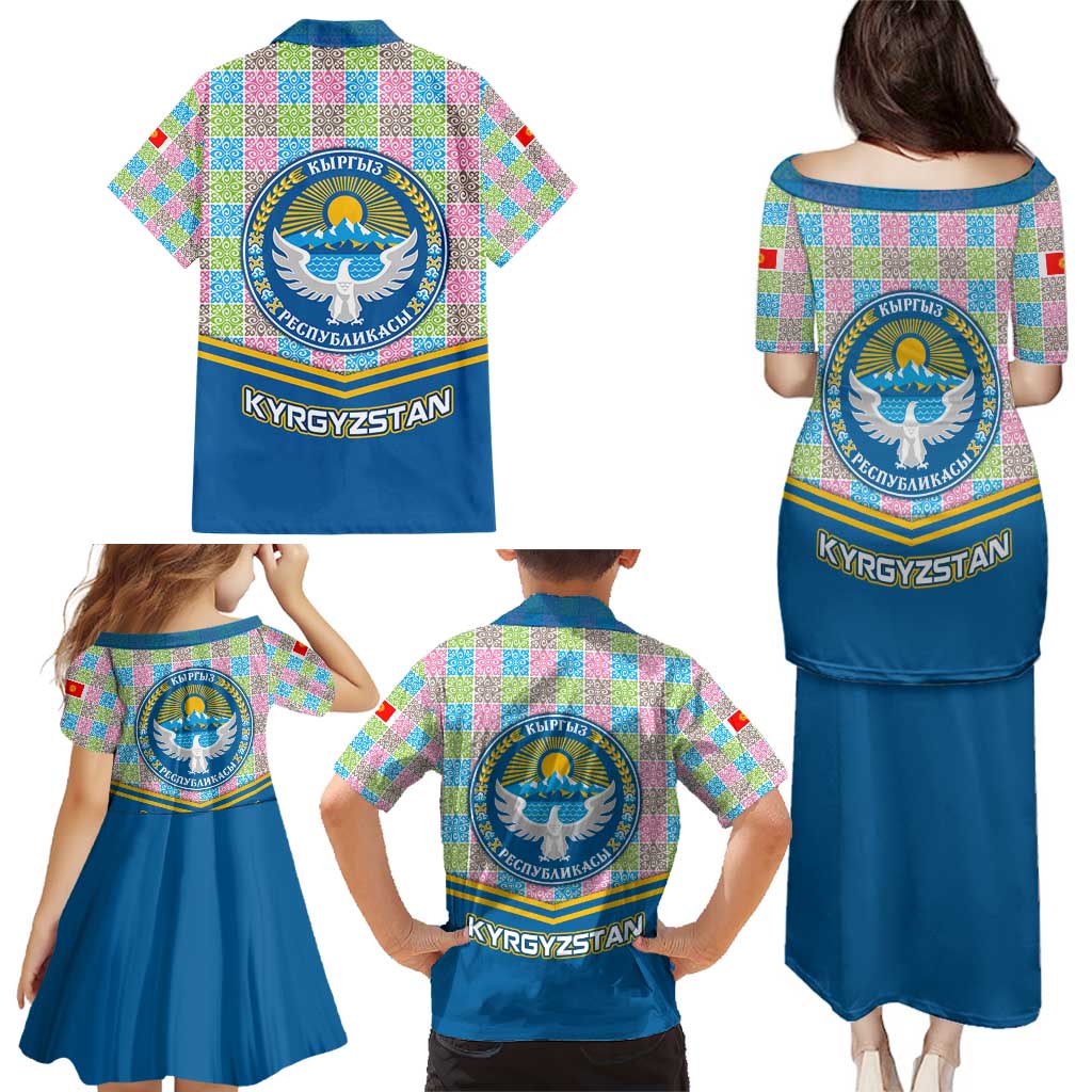 Kyrgyzstan Colorful Patchwork Pattern Family Matching Puletasi and Hawaiian Shirt with National Crest and Flag Accents