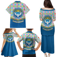 Kyrgyzstan Colorful Patchwork Pattern Family Matching Puletasi and Hawaiian Shirt with National Crest and Flag Accents