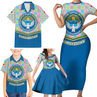 Kyrgyzstan Colorful Patchwork Pattern Family Matching Short Sleeve Bodycon Dress and Hawaiian Shirt with National Crest and Flag Accents