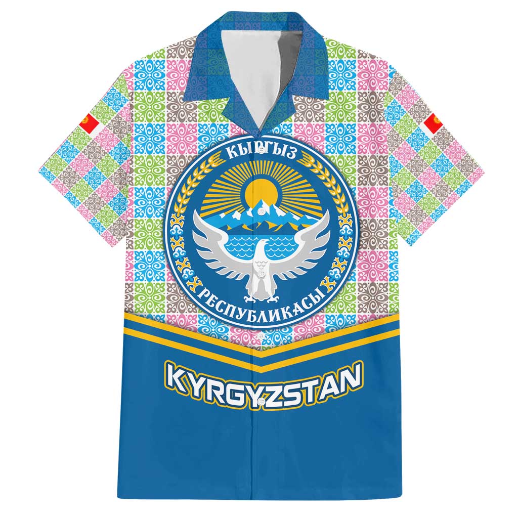 Kyrgyzstan Colorful Patchwork Pattern Family Matching Short Sleeve Bodycon Dress and Hawaiian Shirt with National Crest and Flag Accents