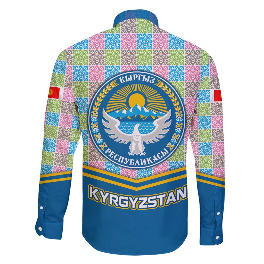 Kyrgyzstan Colorful Patchwork Pattern Family Matching Short Sleeve Bodycon Dress and Hawaiian Shirt with National Crest and Flag Accents