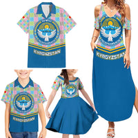 Kyrgyzstan Colorful Patchwork Pattern Family Matching Summer Maxi Dress and Hawaiian Shirt with National Crest and Flag Accents