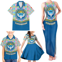 Kyrgyzstan Colorful Patchwork Pattern Family Matching Tank Maxi Dress and Hawaiian Shirt with National Crest and Flag Accents