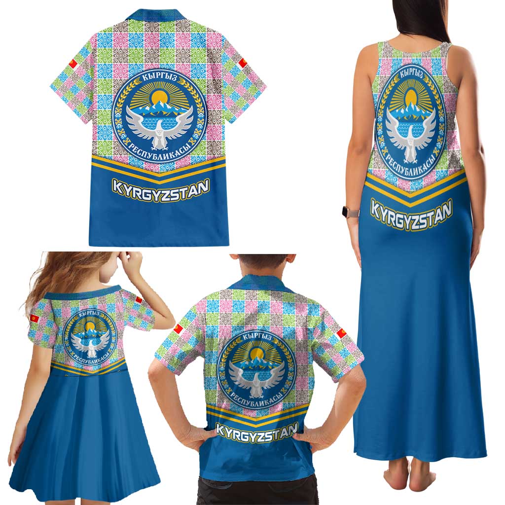 Kyrgyzstan Colorful Patchwork Pattern Family Matching Tank Maxi Dress and Hawaiian Shirt with National Crest and Flag Accents
