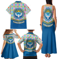 Kyrgyzstan Colorful Patchwork Pattern Family Matching Tank Maxi Dress and Hawaiian Shirt with National Crest and Flag Accents