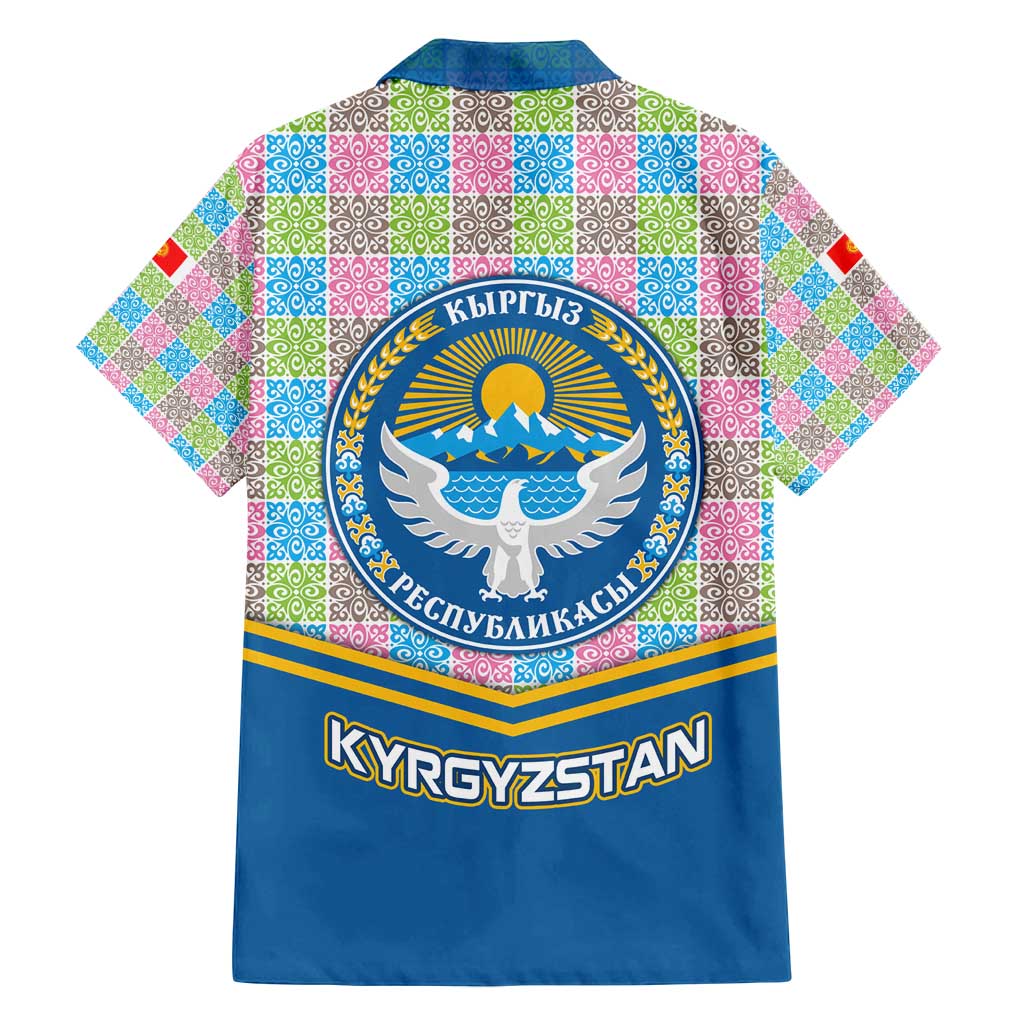 Kyrgyzstan Colorful Patchwork Pattern Family Matching Tank Maxi Dress and Hawaiian Shirt with National Crest and Flag Accents