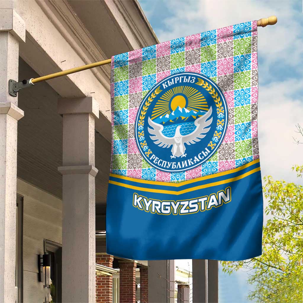 Kyrgyzstan Colorful Patchwork Pattern Garden Flag with National Crest and Flag Accents