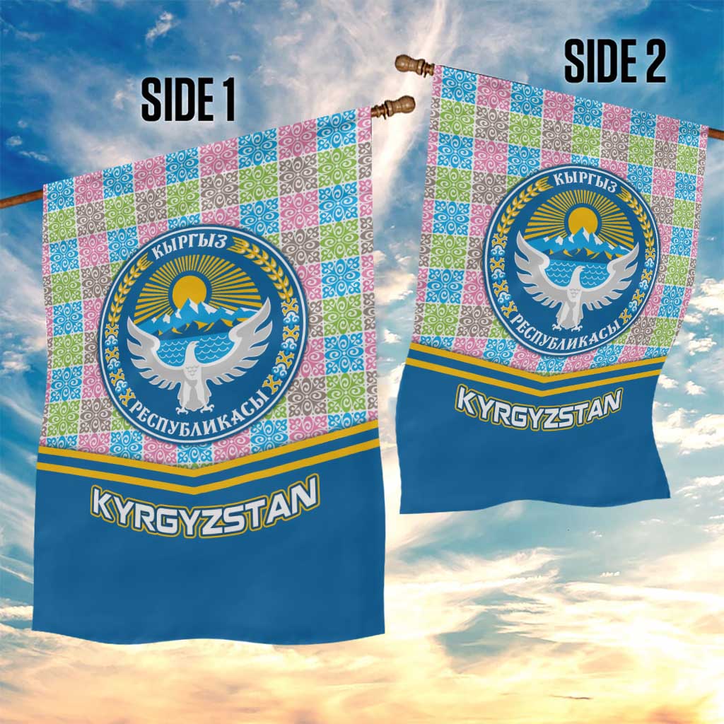 Kyrgyzstan Colorful Patchwork Pattern Garden Flag with National Crest and Flag Accents