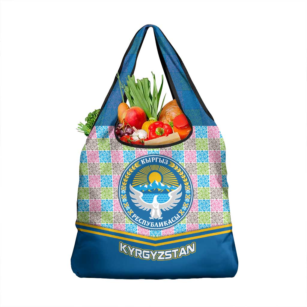 Kyrgyzstan Colorful Patchwork Pattern Grocery Bag with National Crest and Flag Accents