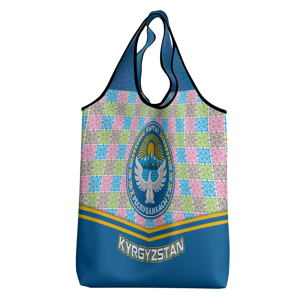 Kyrgyzstan Colorful Patchwork Pattern Grocery Bag with National Crest and Flag Accents