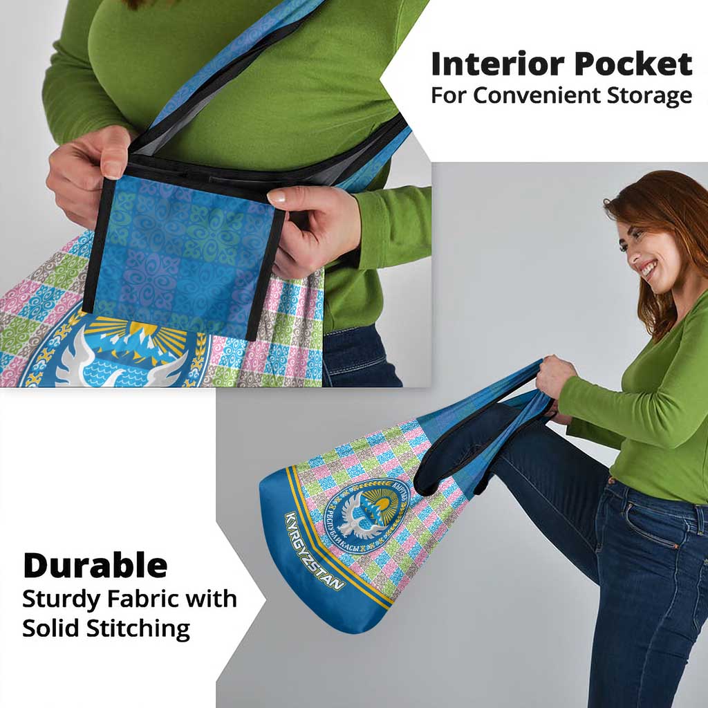 Kyrgyzstan Colorful Patchwork Pattern Grocery Bag with National Crest and Flag Accents